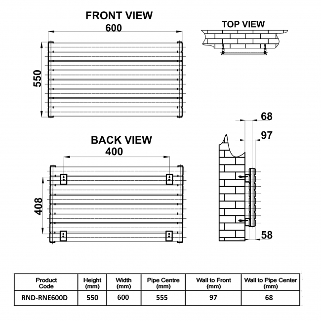 Reina Rione Double Designer Horizontal Radiator 550mm H x 600mm W White