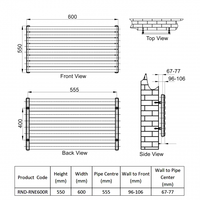 Reina Rione Single Designer Horizontal Radiator 550mm H x 600mm W RAL