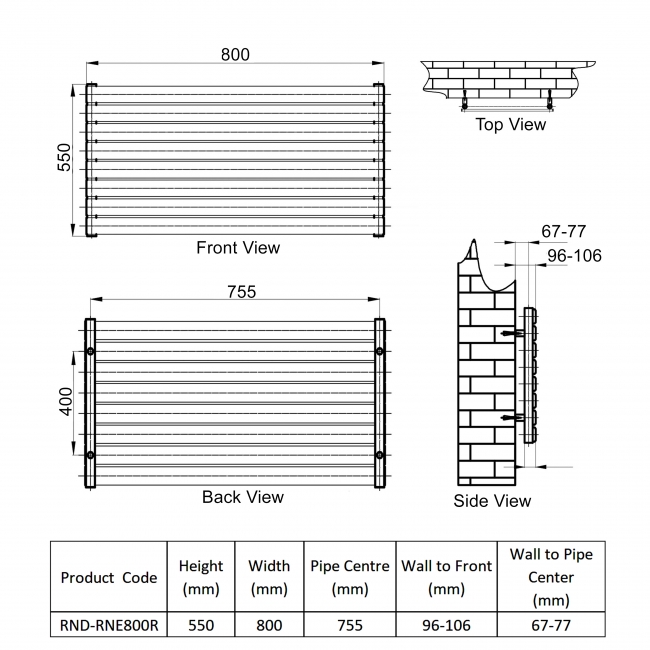 Reina Rione Single Designer Horizontal Radiator 550mm H x 800mm W RAL