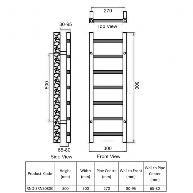 Reina Serena Square Tube Heated Towel Rail 800mm H x 300mm W Black  | Dimension Image
