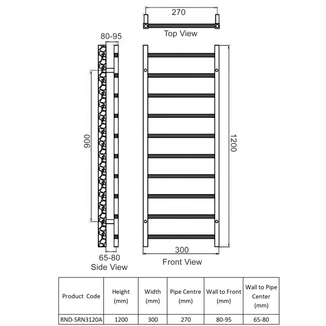 Reina Serena Square Tube Heated Towel Rail 1200mm H x 300mm W Anthracite  | Dimension Image