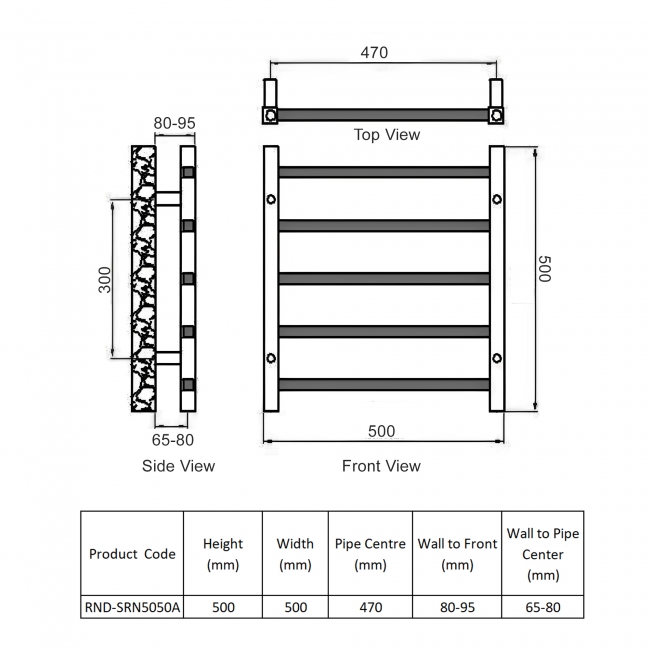 Reina Serena Square Tube Heated Towel Rail 500mm H x 500mm W Anthracite  | Dimension Image