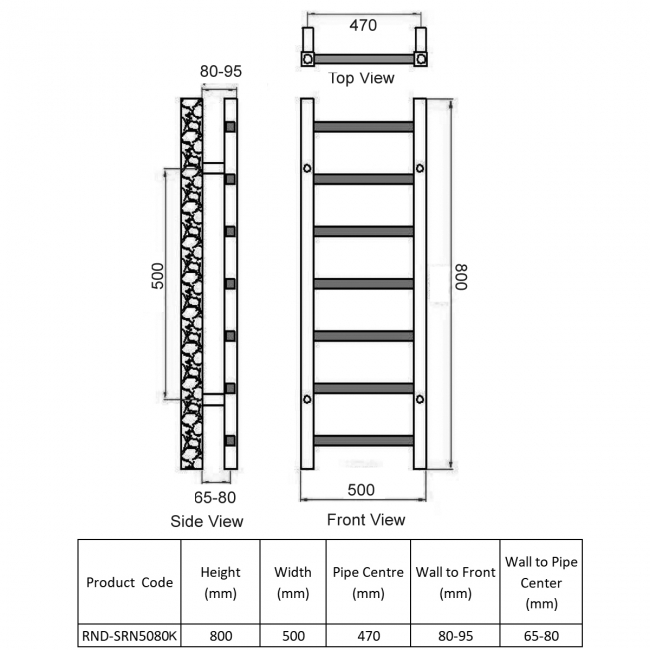 Reina Serena Square Tube Heated Towel Rail 800mm H x 500mm W Black  | Dimension Image