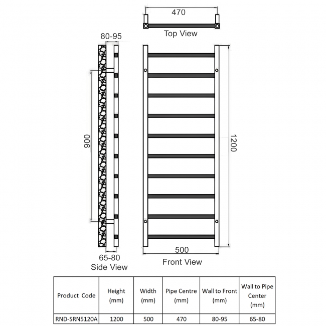Reina Serena Square Tube Heated Towel Rail 1200mm H x 500mm W Anthracite  | Dimension Image