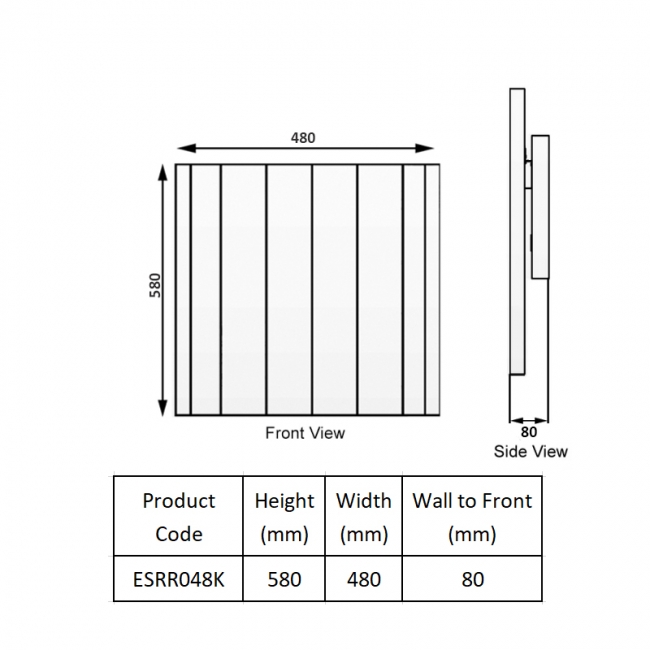 Reina Serre Electric Horizontal Aluminium Radiator 580mm H x 480mm W - Anthracite  | Dimension Image
