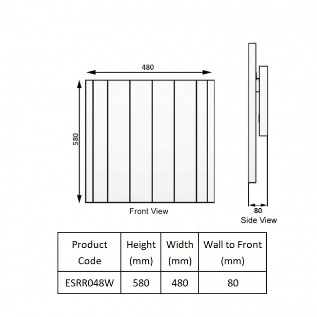 Reina Serre Electric Horizontal Aluminium Radiator 580mm H x 480mm W - White  | Dimension Image