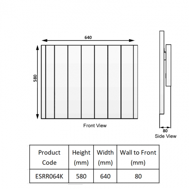 Reina Serre Electric Horizontal Aluminium Radiator 580mm H x 640mm W - Anthracite  | Dimension Image
