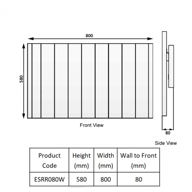 Reina Serre Electric Horizontal Aluminium Radiator 580mm H x 800mm W - White  | Dimension Image