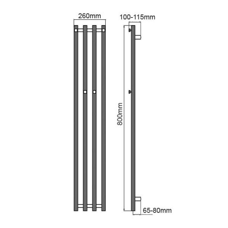 Reina Todi Designer Heated Towel Rail 800mm H x 260mm W Chrome  | Dimension Image
