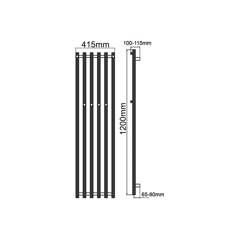 Reina Todi Designer Heated Towel Rail 1200mm H x 415mm W - Black  | Dimension Image