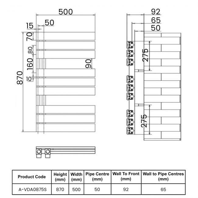 Reina Vada Designer Heated Towel Rail 870mm H x 500mm W - Anthracite  | Dimension Image