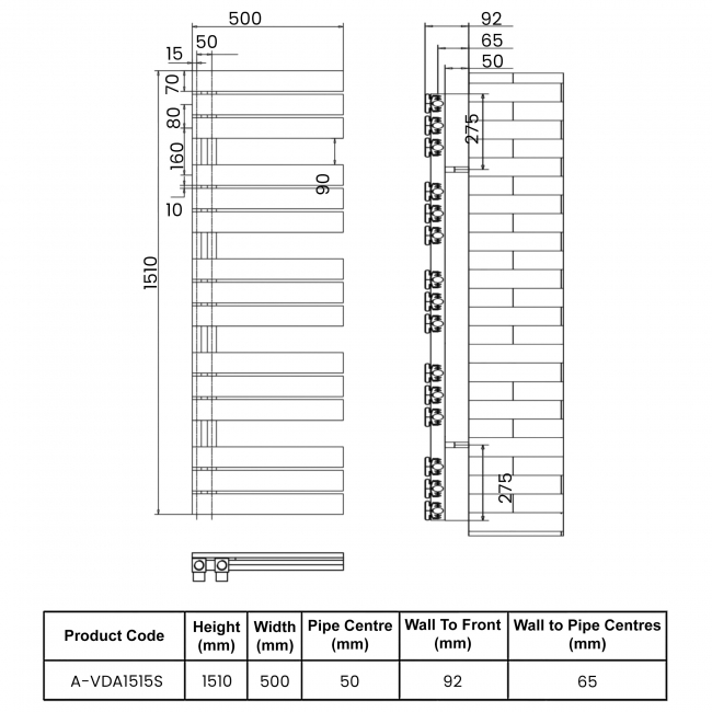 Reina Vada Designer Heated Towel Rail 1510mm H x 500mm W - Black  | Dimension Image