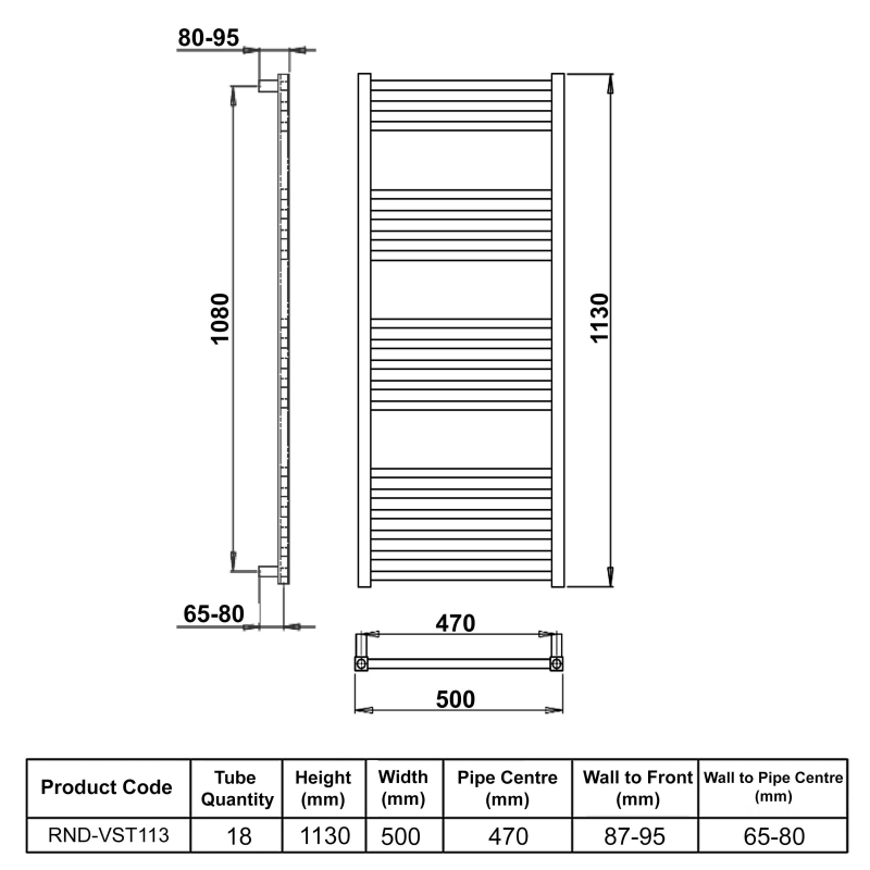 Reina Vasto Heated Towel Rail 1130mm H x 500mm W Chrome