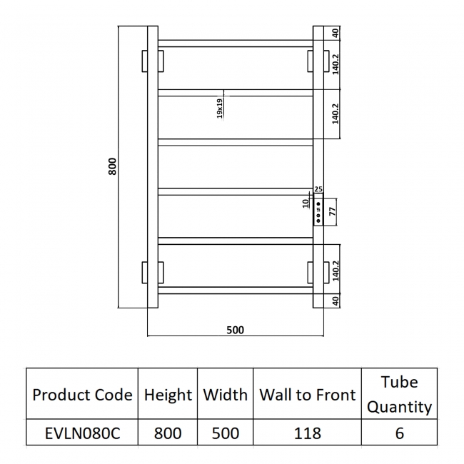 Reina Velino Electric Heated Towel Rail 800mm H x 500mm W - Polished  | Dimension Image
