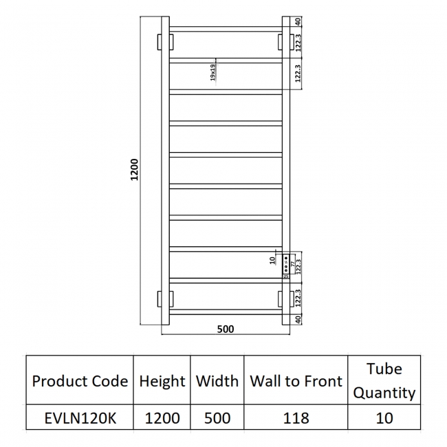 Reina Velino Electric Heated Towel Rail 1200mm H x 500mm W - Matt Black  | Dimension Image