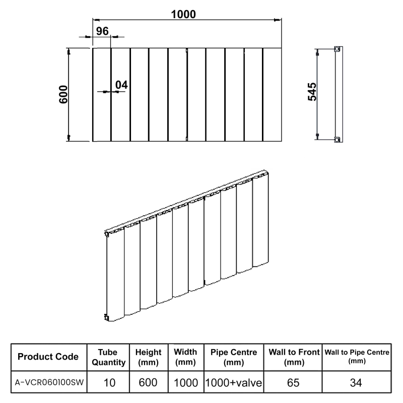 Reina Vicari Single Horizontal Aluminium Radiator 600mm H x 1000mm W White
