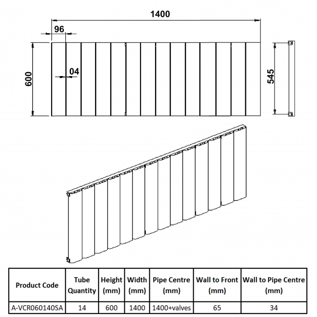 Reina Vicari Single Horizontal Aluminium Radiator 600mm H x 1400mm W Anthracite