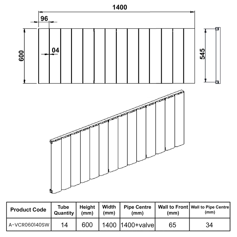 Reina Vicari Single Horizontal Aluminium Radiator 600mm H x 1400mm W White