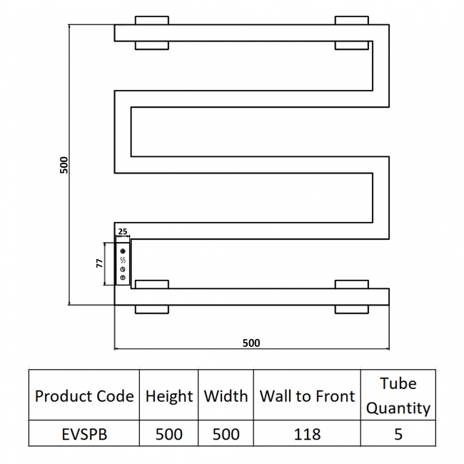 Reina Vispa Electric Heated Towel Rail 510mm H x 500mm W - Brushed Brass  | Dimension Image