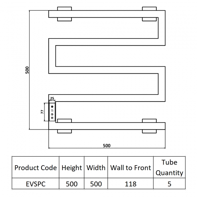Reina Vispa Electric Heated Towel Rail 510mm H x 500mm W - Polished  | Dimension Image