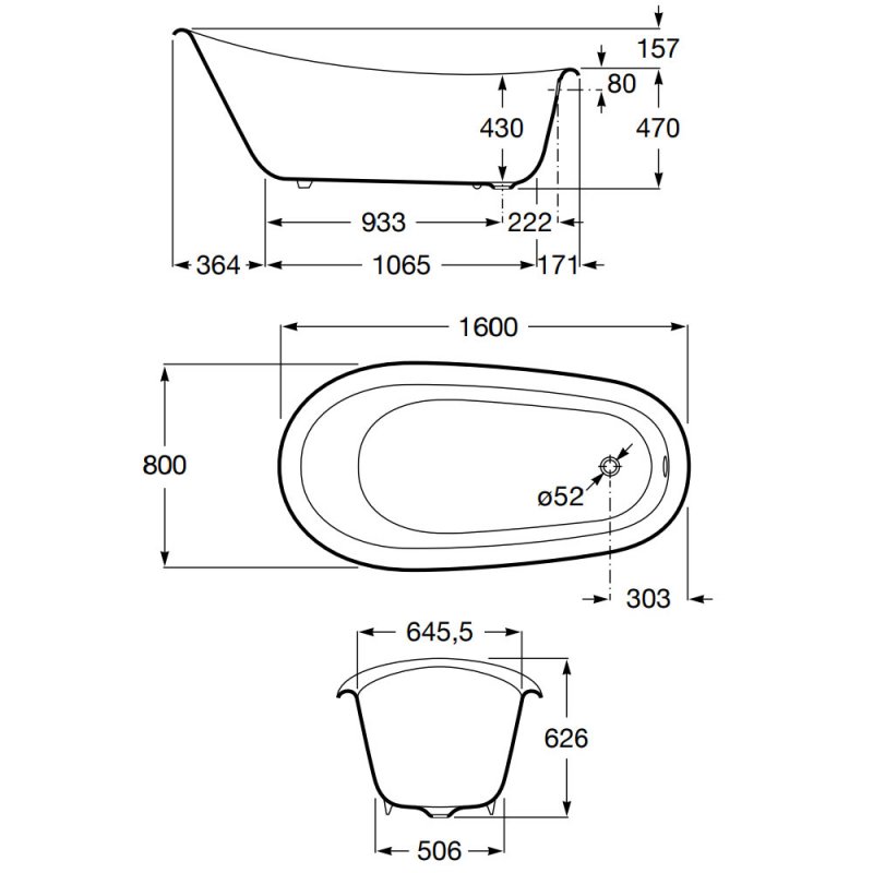 Roca Carmen Slipper Bath 234250007 1600mm x 800mm Cast Iron