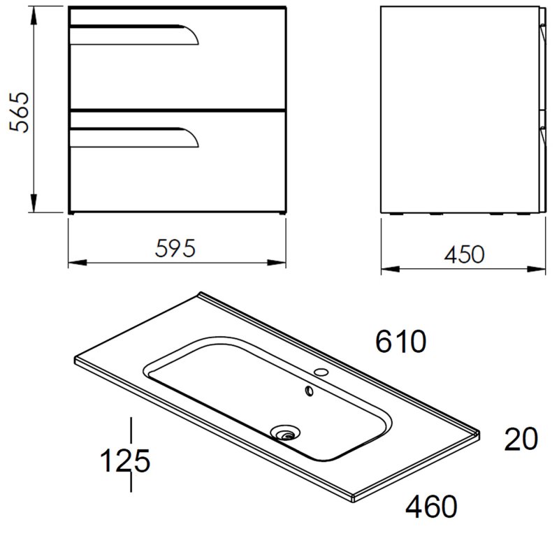 Royo Vitale 2-Drawer Wall Hung Vanity Unit with Basin 600mm Wide - Urban Grey