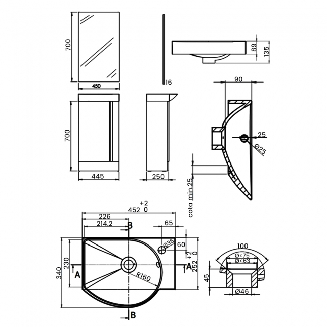 Royo Elegance Wall Hung Cloakroom Unit with Basin and Mirror 445mm Wide - Sandy Grey