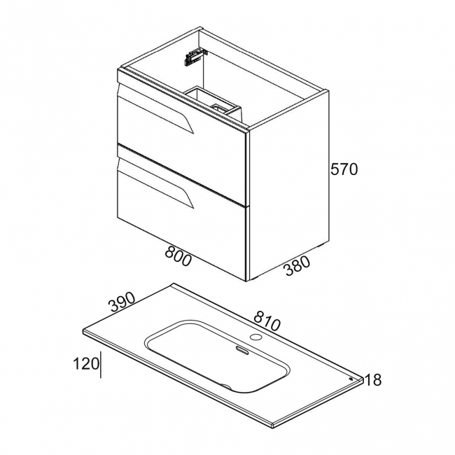 Royo Vitale Slimline 2-Drawer Wall Hung Vanity Unit with Ceramic Basin 800mm Wide - Gloss White