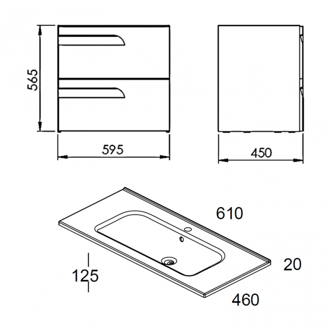 Royo Vitale 2-Drawer Wall Hung Vanity Unit with Ceramic Basin 600mm Wide - Light Oak