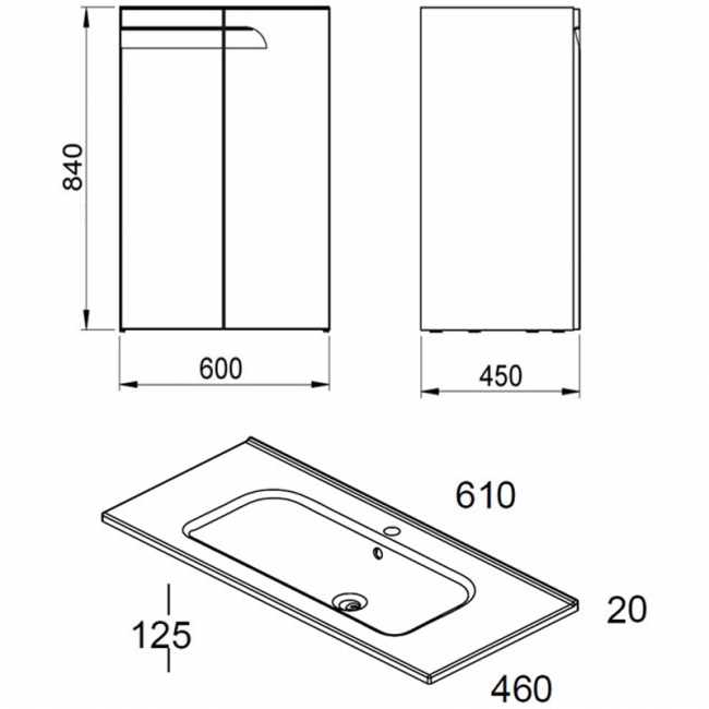 Royo Vitale 2 Door Floor Standing Vanity Unit with Ceramic Basin 600mm Wide - Gloss White  | Dimension Image
