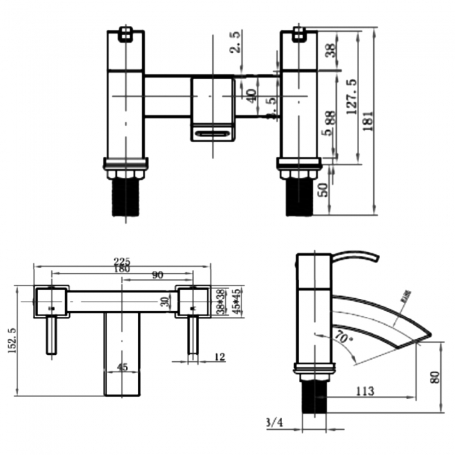 Sagittarius Arke Bath Filler Tap Pillar Mounted - Chrome