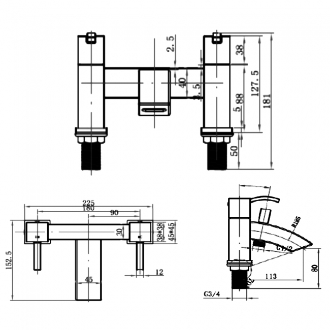 Sagittarius Arke Bath Shower Mixer Tap with Shower Kit Pillar Mounted - Chrome  | Dimension Image