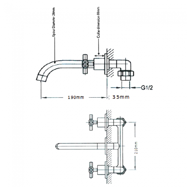 Sagittarius Avant 3-Hole Bath Filler Tap Wall Mounted - Chrome  | Dimension Image