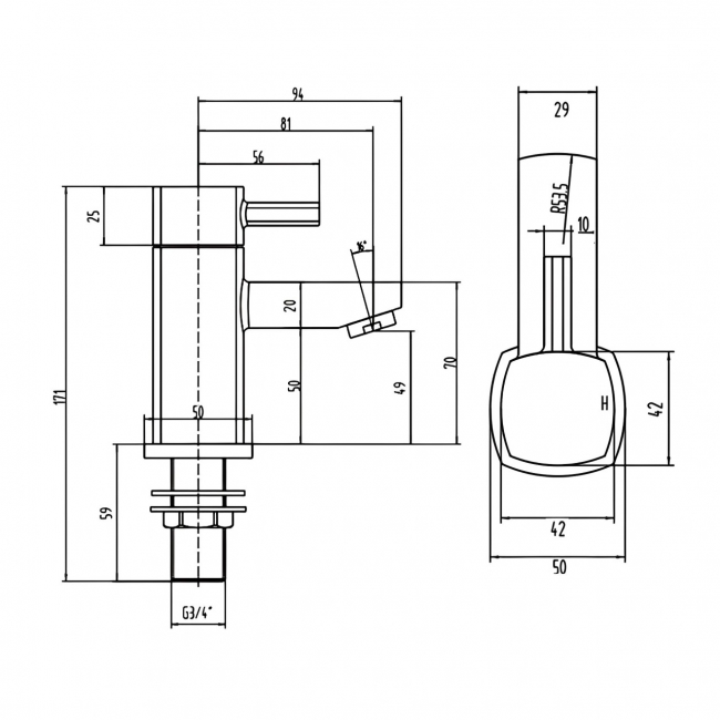 Sagittarius Axis Bath Taps Pair Chrome  | Dimension Image