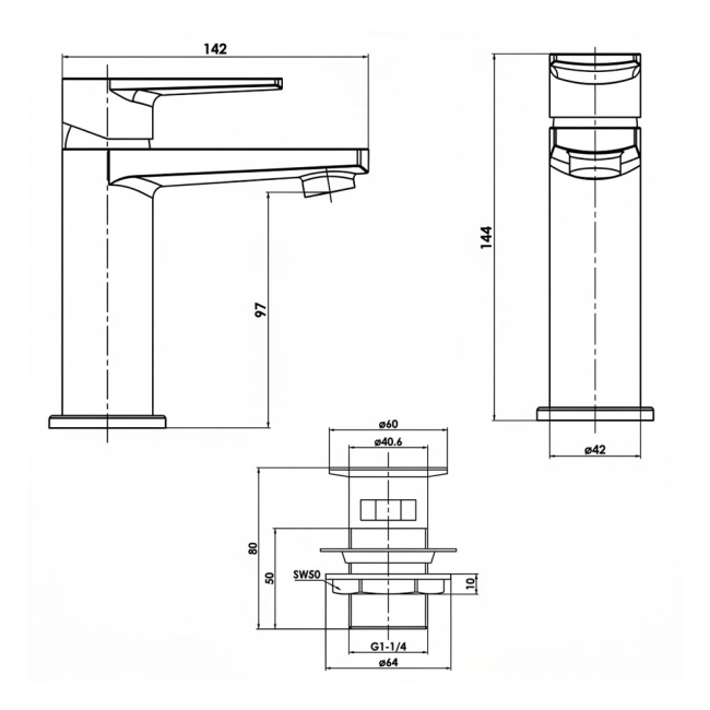 Sagittarius Baby Bari Monobloc Basin Mixer Tap with Sprung Waste - Chrome  | Dimension Image