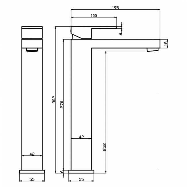 Sagittarius Blade Tall Mono Basin Mixer Tap with Sprung Waste - Chrome  | Dimension Image