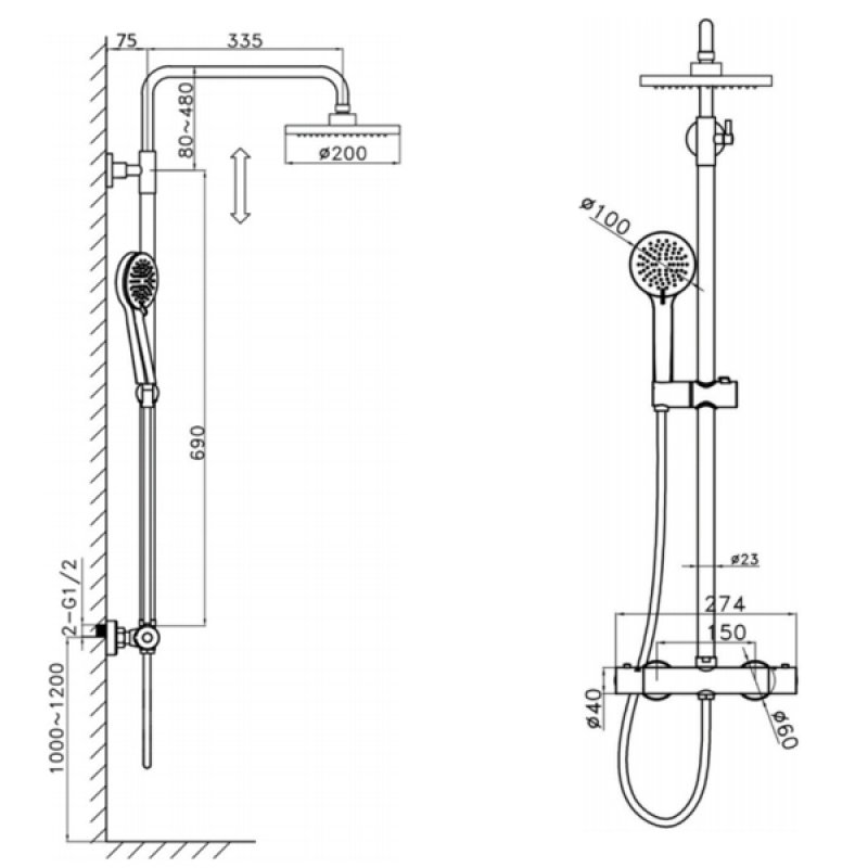 Sagittarius Dream Thermostatic Bar Mixer Shower Valve with Riser Kit and Fixed Head - Chrome