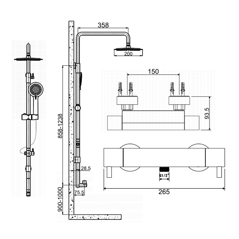 Sagittarius Eclipse Bar Shower Mixer with Shower Kit + Fixed Head - Chrome