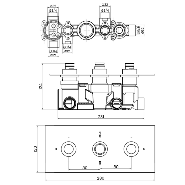 Sagittarius Eclipse Concealed Shower Valve with 3-Way Diverter Triple Handle - Chrome