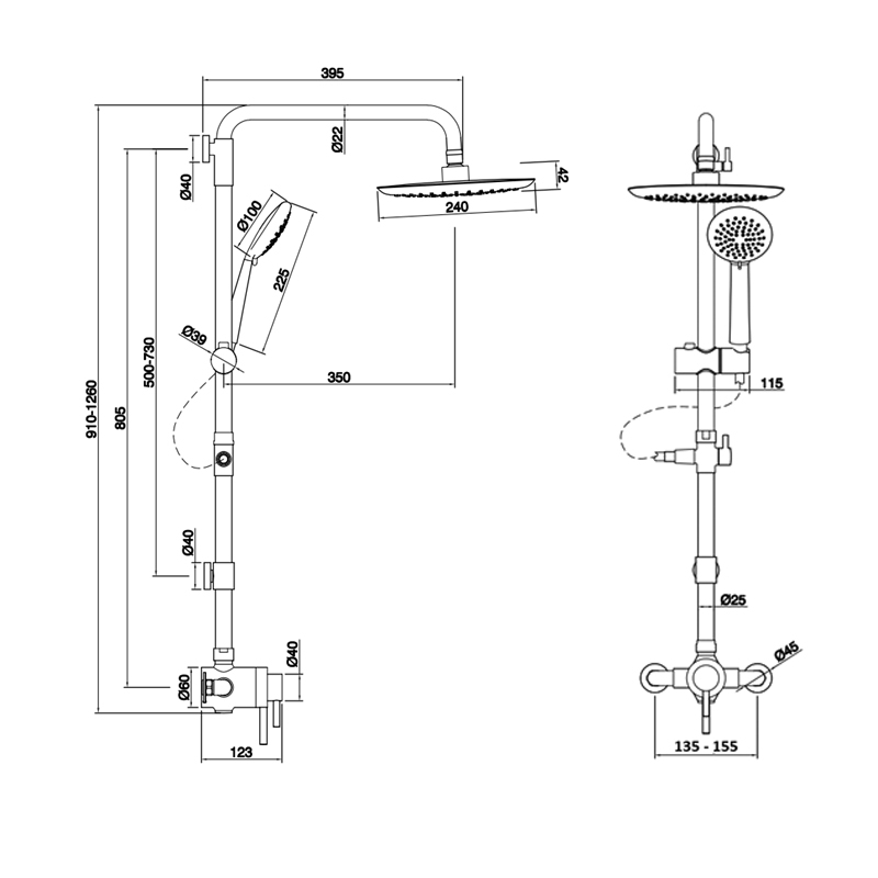 Sagittarius Ergo Fully Adjustable Thermostatic Exposed Shower Valve with Riser Kit and Shower Head - Chrome