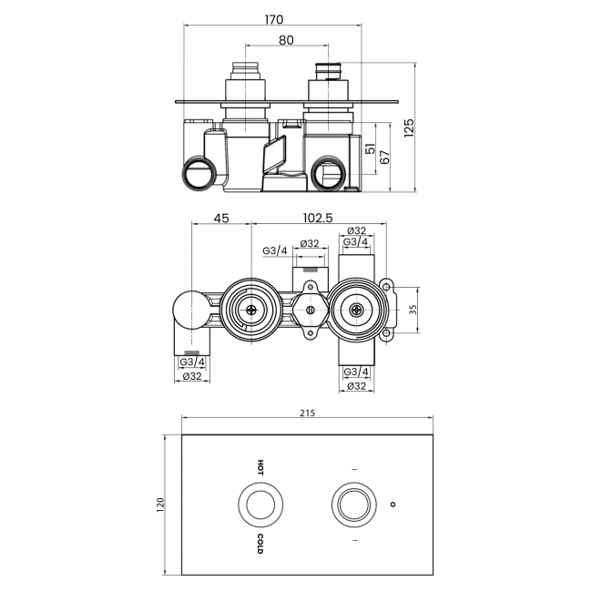 Sagittarius Zeel Thermostatic Concealed Shower Valve with 2-Way Diverter Dual Handle - Chrome