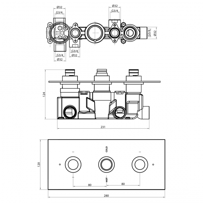 Sagittarius Ergo Concealed Shower Valve with 3-Way Diverter Triple Handle - Chrome  | Dimension Image