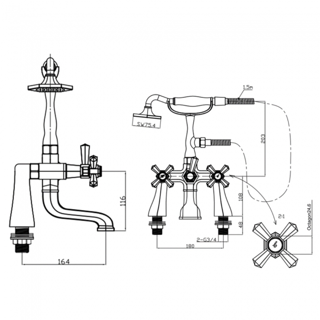 Sagittarius Fitzerald Bari Bath Shower Mixer Tap with Shower Kit Pillar Mounted - Chrome