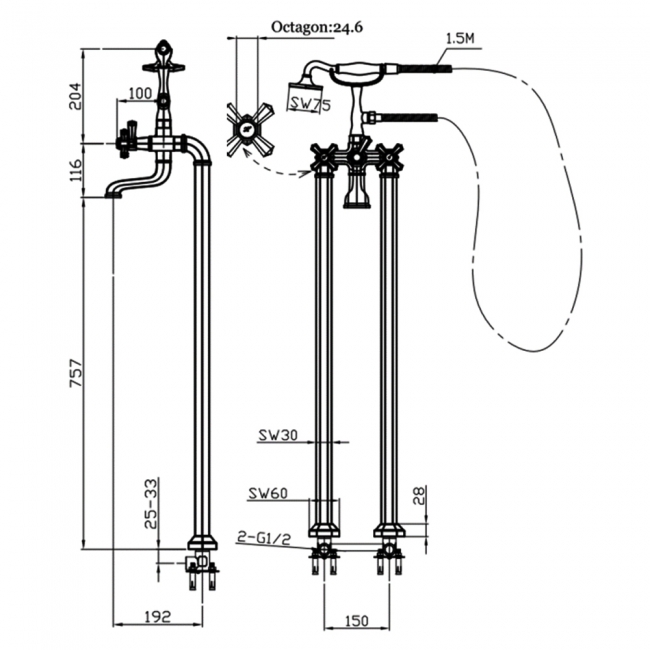 Sagittarius Fitzerald Freestanding Bath Shower Mixer Tap with Shower Kit - Chrome  | Dimension Image