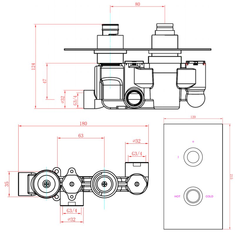 Sagittarius Flow Thermostatic Concealed Shower Valve Dual Handle - Chrome  | Dimension Image