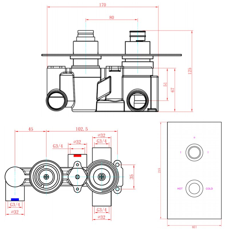 Sagittarius Flow Thermostatic Concealed Shower Valve with 2 Way Diverter - Chrome  | Dimension Image