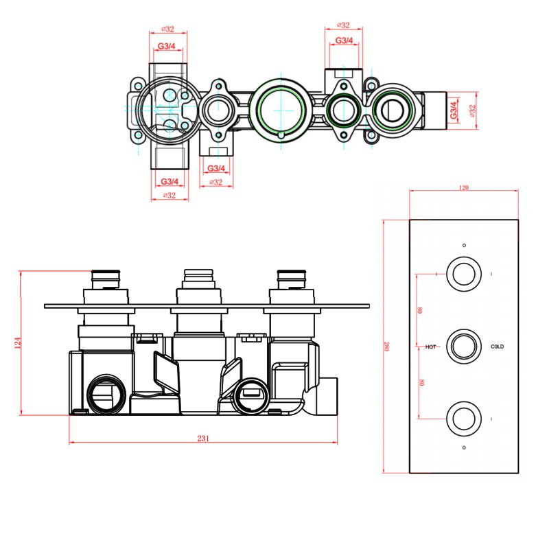 Sagittarius Flow Thermostatic Concealed Shower Valve with 3 Way Diverter - Chrome  | Dimension Image