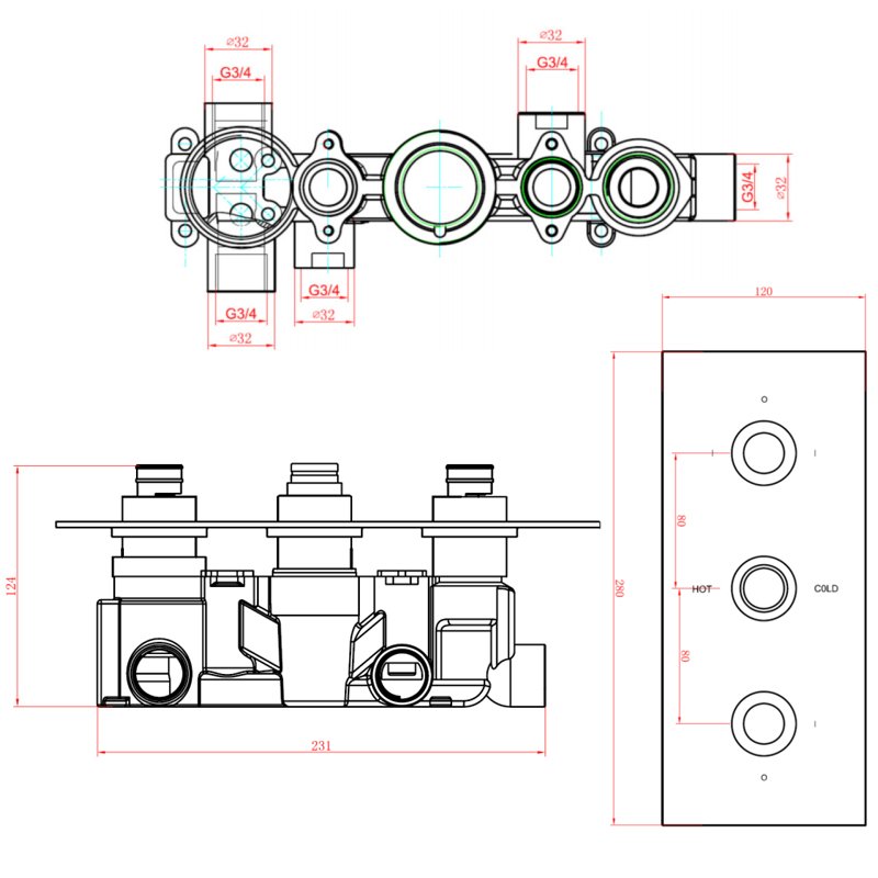 Sagittarius Gramercy Thermostatic Concealed Shower Valve with 3 way Diverter - Chrome  | Dimension Image