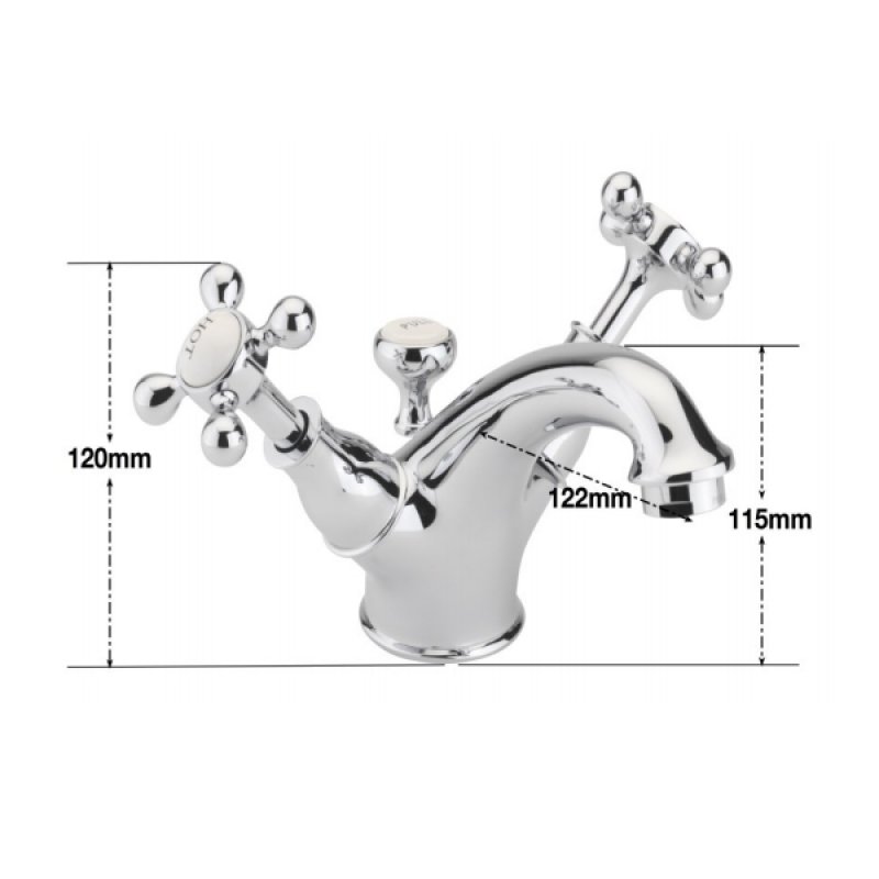 Sagittarius Kensington Monobloc Basin Mixer Tap Crosshead Handle with Sprung Waste - Chrome/White  | Dimension Image