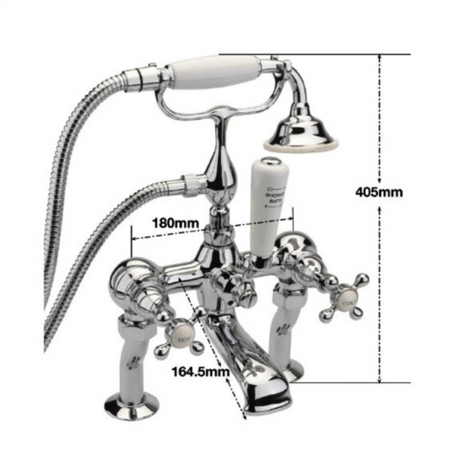 Sagittarius Kensington Bath Shower Mixer Tap with Shower Kit Pillar Mounted - Chrome/White  | Dimension Image